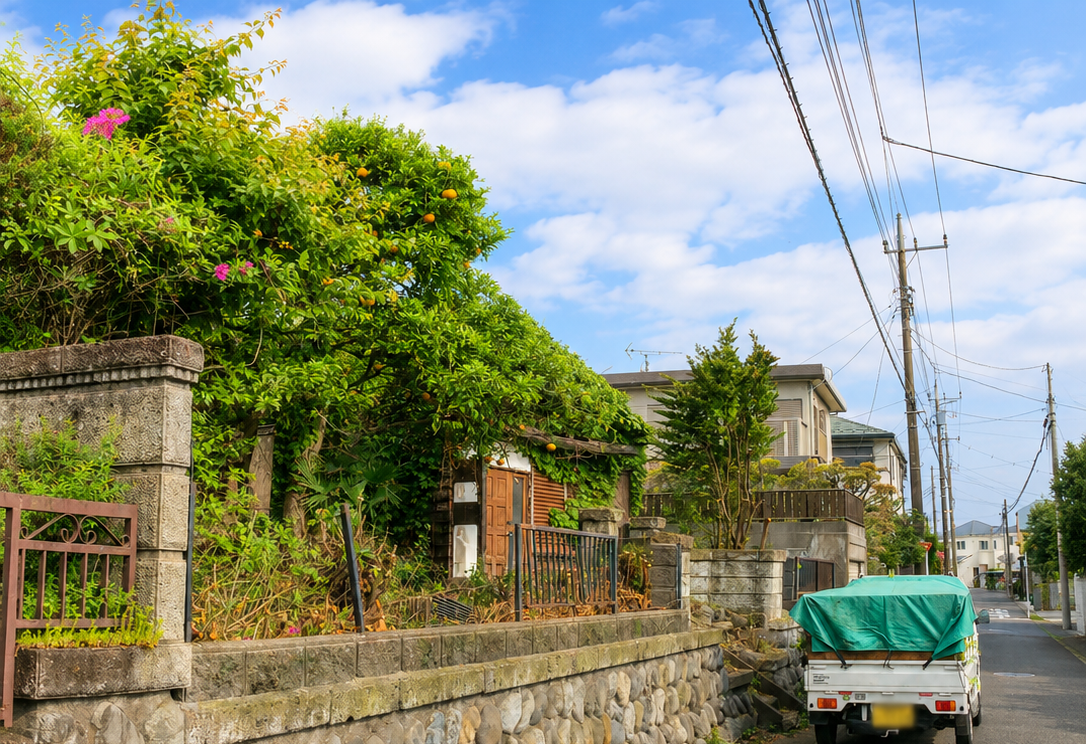 箕田の庭木伐採後の様子 庭木と生垣を伐採し、見通しの良い管理しやすい状態へ
